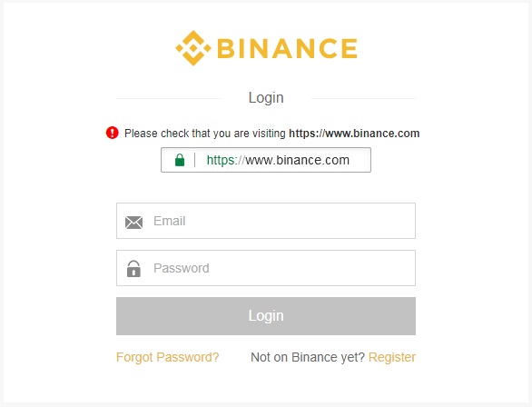 Binance belépési képernyő