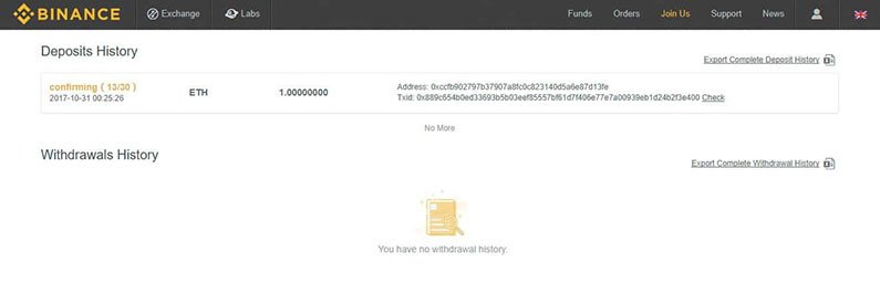 Binance függőben lévő befizetés képernyő