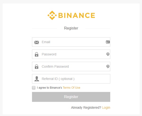 Binance regisztrációs képernyő