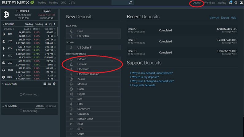 Bitfinex befizetési képernyő